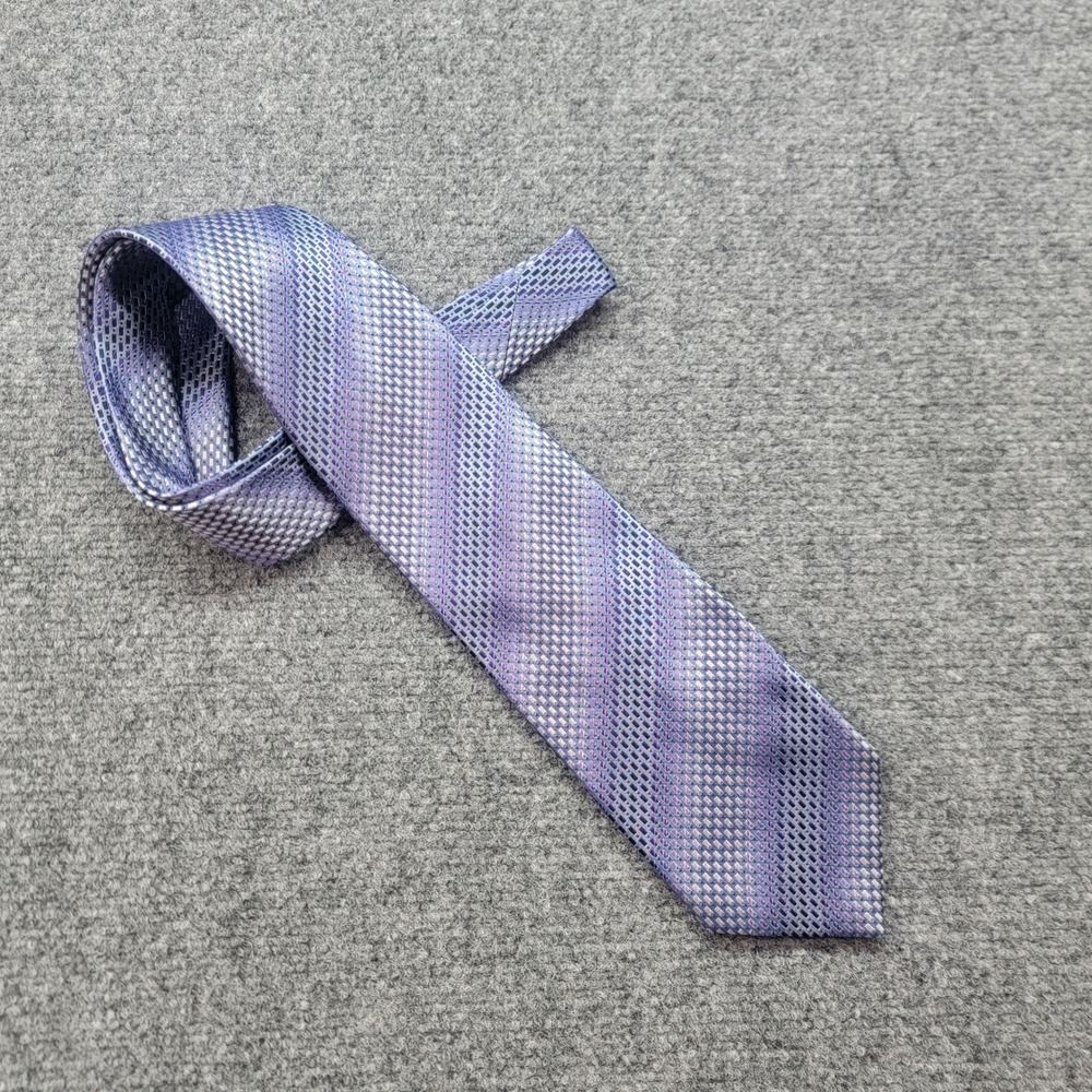 Kenneth Cole Reaction Mens Silk Tie Purple Blue Geometric Grid Striped Woven